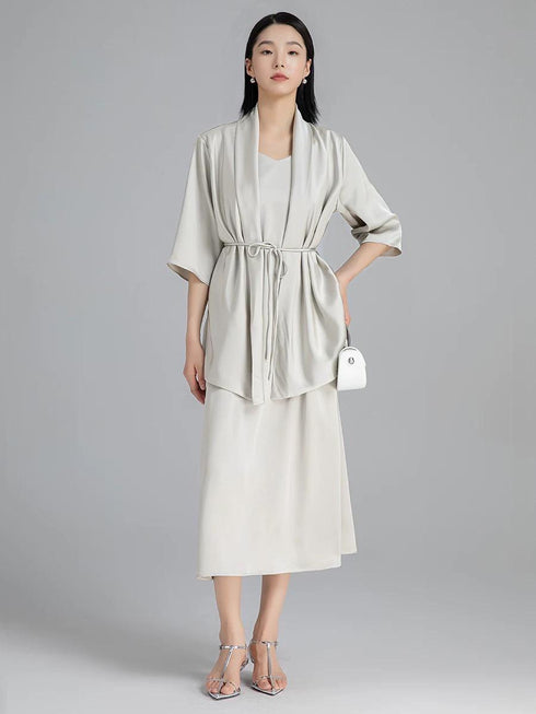 Premium Quality Satin Dress With Cardigan Co-Ord Sets